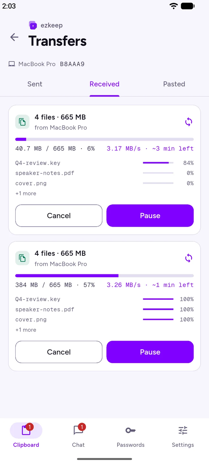 A transfer of four files in progress, with speed and time left